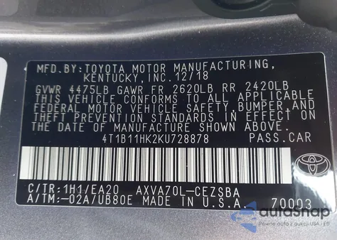 2019 Toyota Camry Se z USA, uszkodzony, nr VIN 4T1B11HK2KU728878